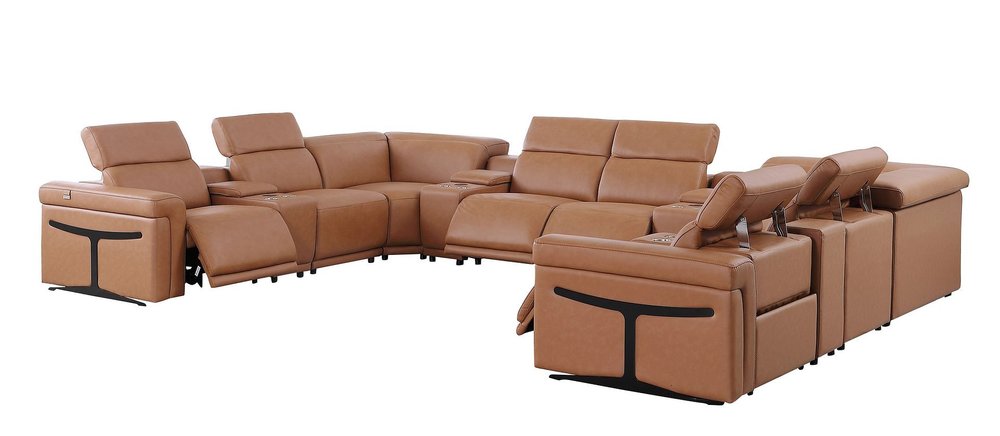 Chestnut Italian Leather Power Reclining U Shaped Twelve Piece Sectional with Console