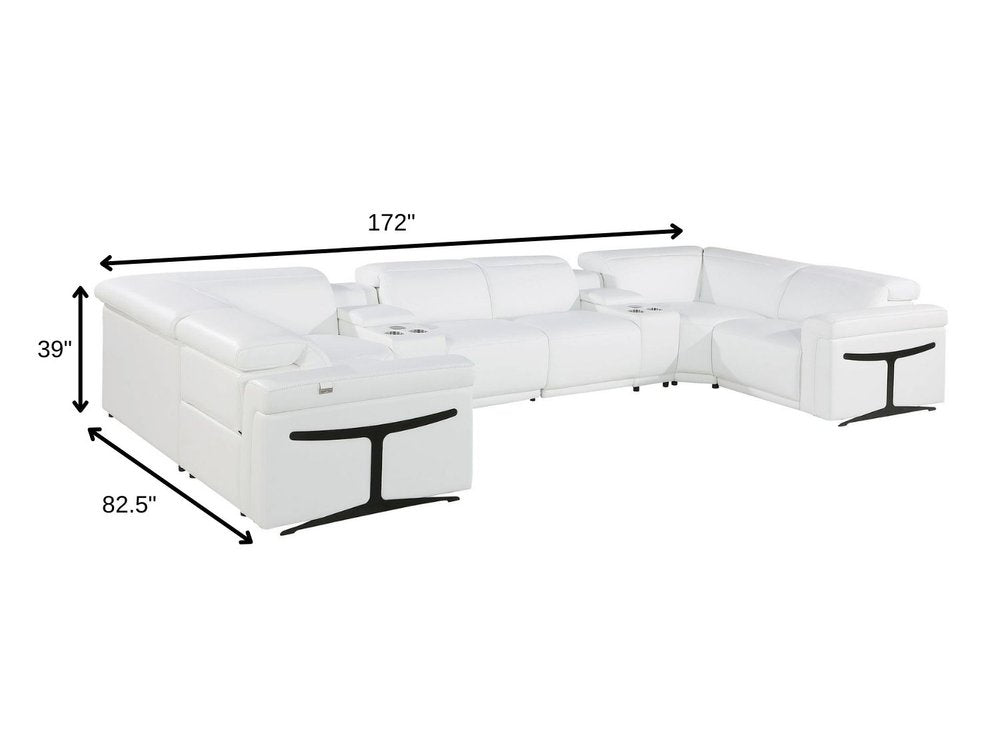 White Italian Leather Power Reclining U Shaped Eight Piece Sectional with Console