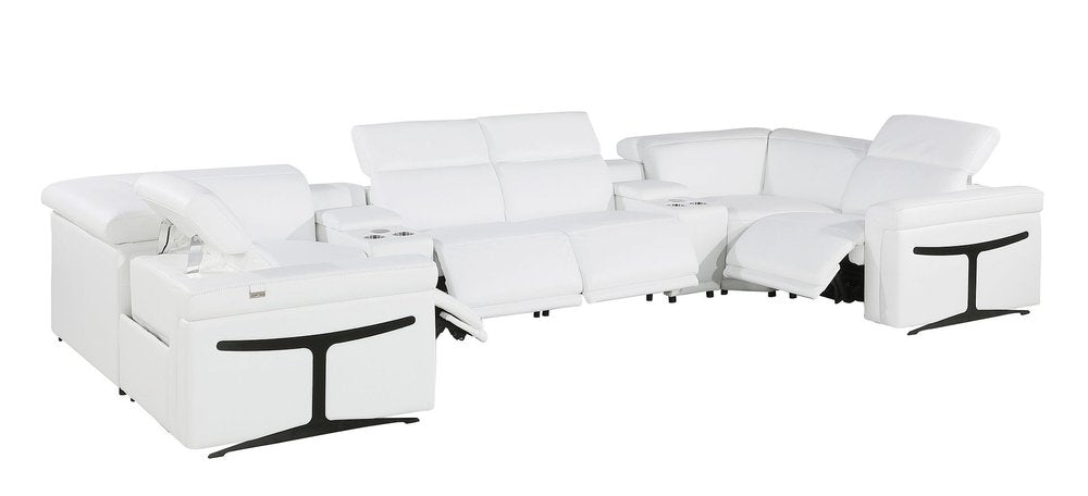 White Italian Leather Power Reclining U Shaped Eight Piece Sectional with Console