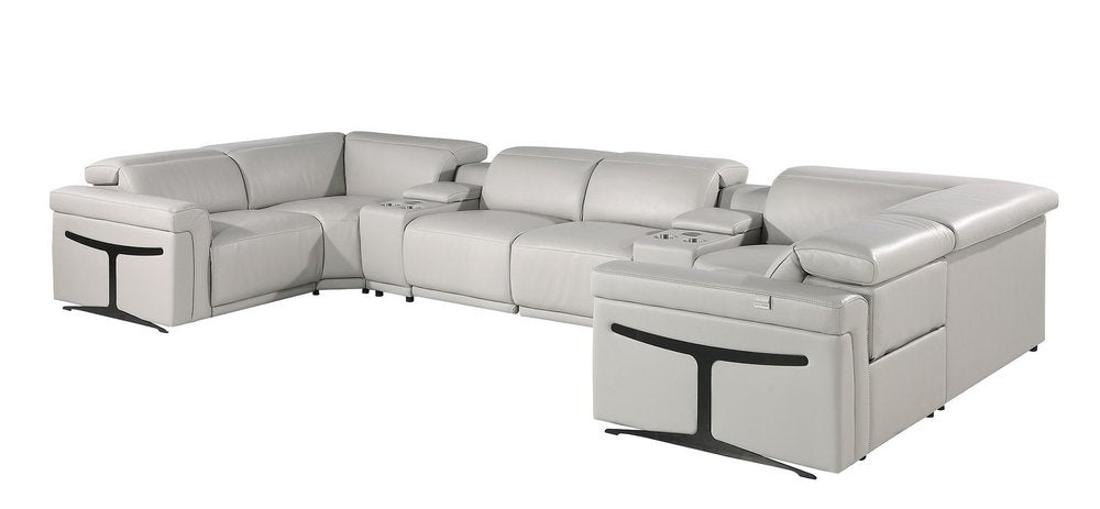 Light Gray Italian Leather Power Reclining U Shaped Eight Piece Corner Sectional with Console