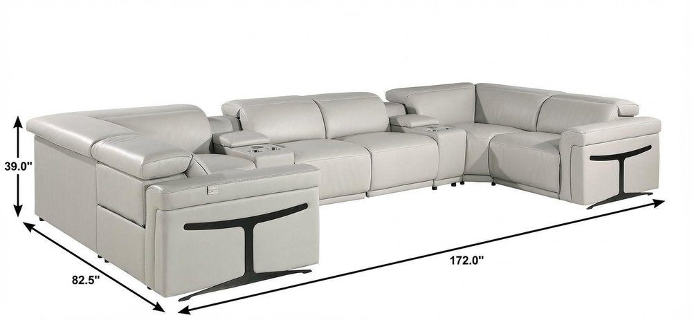 Light Gray Italian Leather Power Reclining U Shaped Eight Piece Corner Sectional with Console
