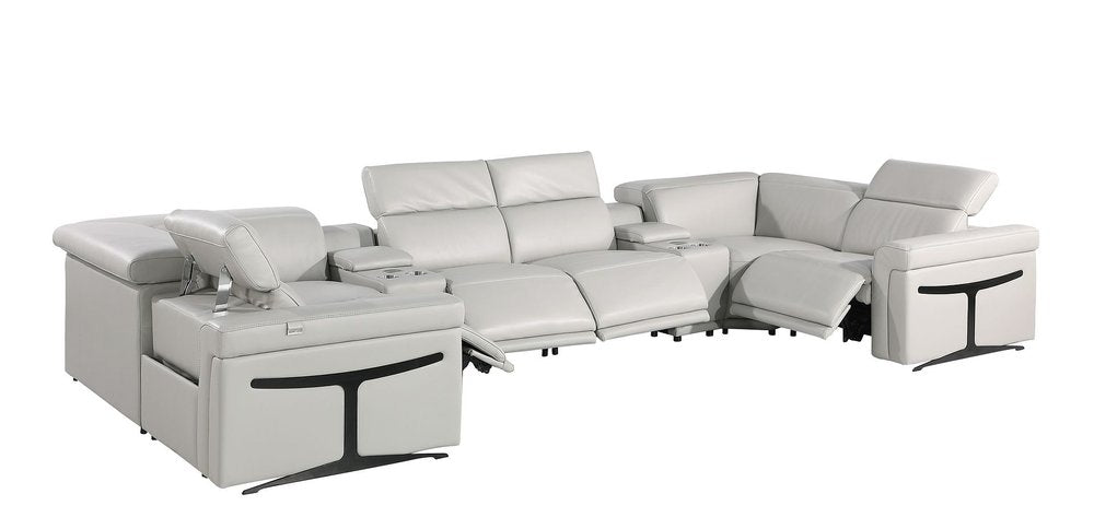 Light Gray Italian Leather Power Reclining U Shaped Eight Piece Corner Sectional with Console