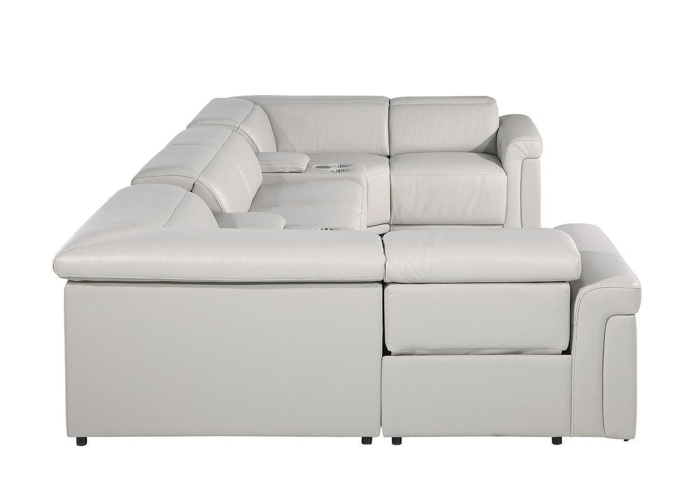 Light Gray Italian Leather Power Reclining U Shaped Eight Piece Corner Sectional with Console