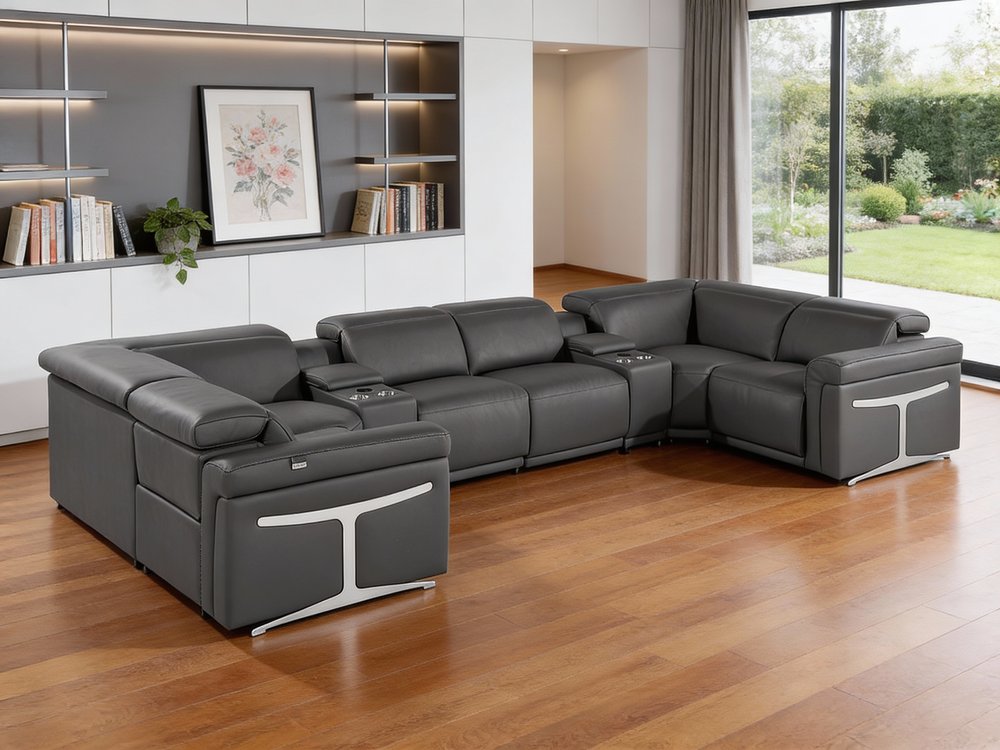 Dark Gray Italian Leather Power Reclining U Shaped Eight Piece Sectional with Console