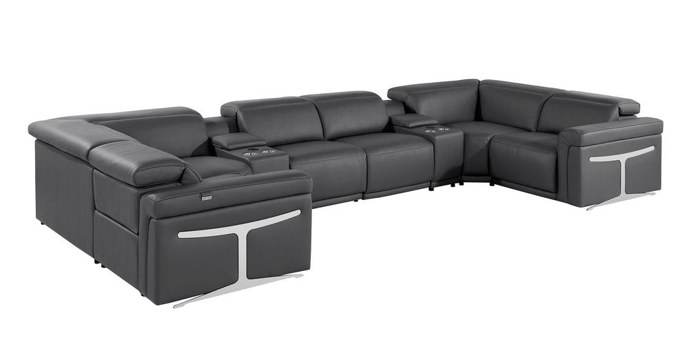 Dark Gray Italian Leather Power Reclining U Shaped Eight Piece Sectional with Console