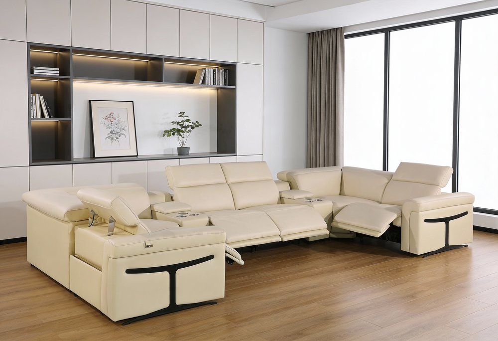 Beige Italian Leather Power Reclining U Shaped Eight Piece Sectional with Console