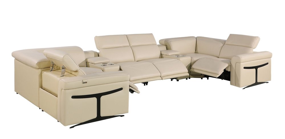 Beige Italian Leather Power Reclining U Shaped Eight Piece Sectional with Console