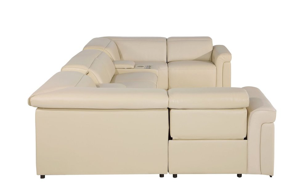 Beige Italian Leather Power Reclining U Shaped Eight Piece Sectional with Console