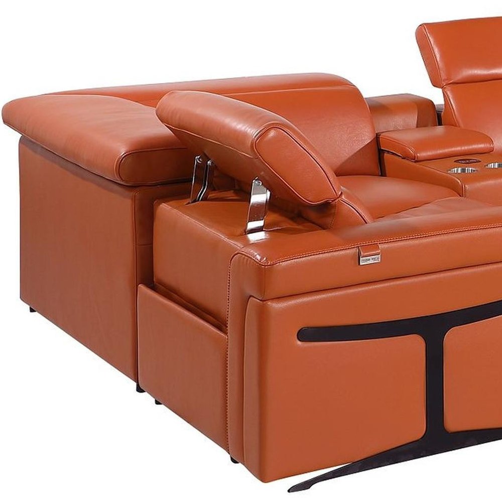 Camel Italian Leather Power Reclining U Shaped Eight Piece Sectional with Console