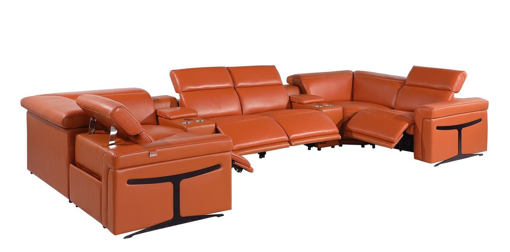 Camel Italian Leather Power Reclining U Shaped Eight Piece Sectional with Console