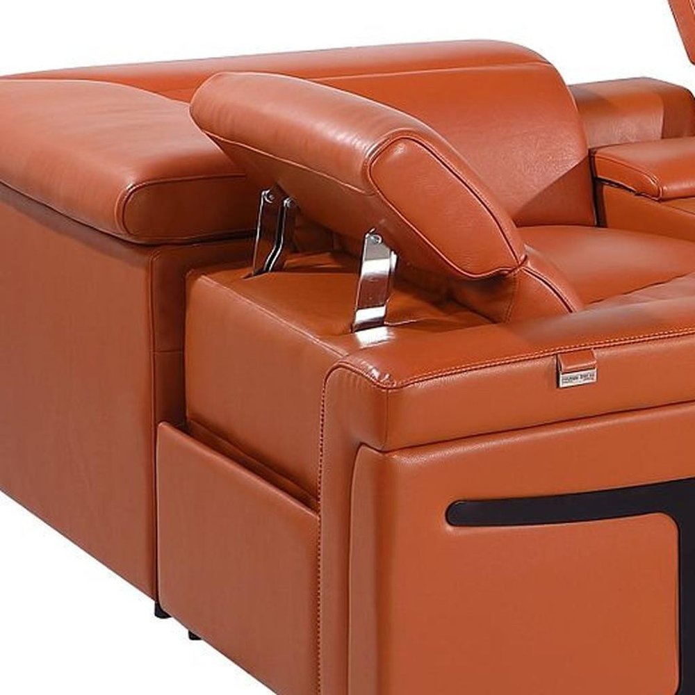 Camel Italian Leather Power Reclining U Shaped Eight Piece Sectional with Console