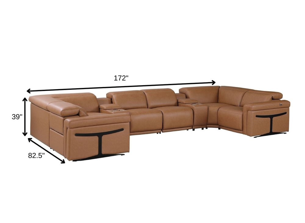Chestnut Italian Leather Power Reclining U Shaped Eight Piece Sectional with Console