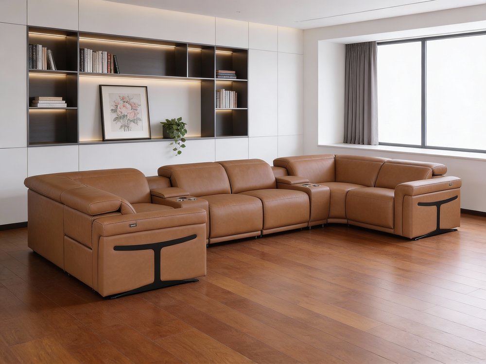 Chestnut Italian Leather Power Reclining U Shaped Eight Piece Sectional with Console