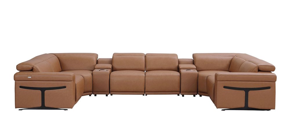 Chestnut Italian Leather Power Reclining U Shaped Eight Piece Sectional with Console