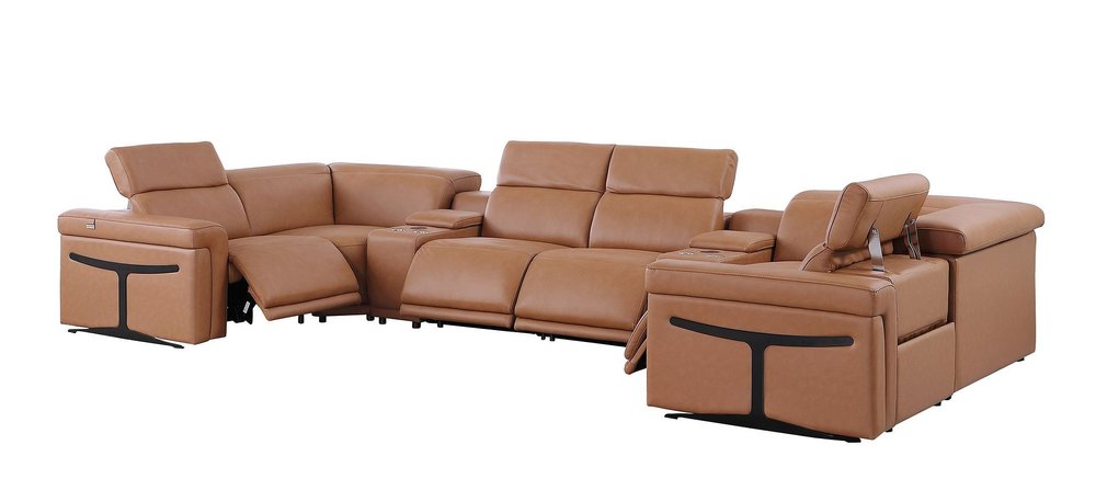 Chestnut Italian Leather Power Reclining U Shaped Eight Piece Sectional with Console