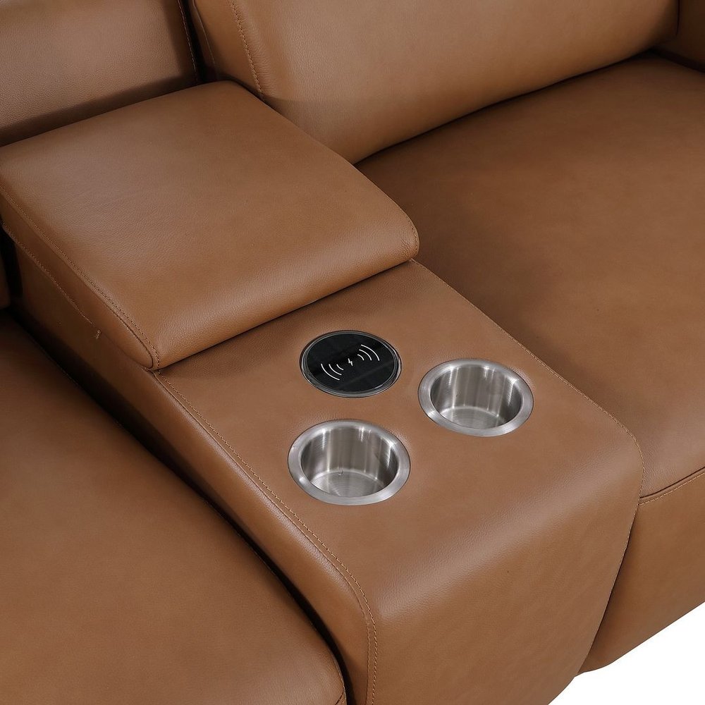 Chestnut Italian Leather Power Reclining U Shaped Eight Piece Sectional with Console