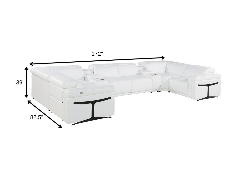 White Italian Leather Power Reclining U Shaped Eight Piece Corner Sectional with Console