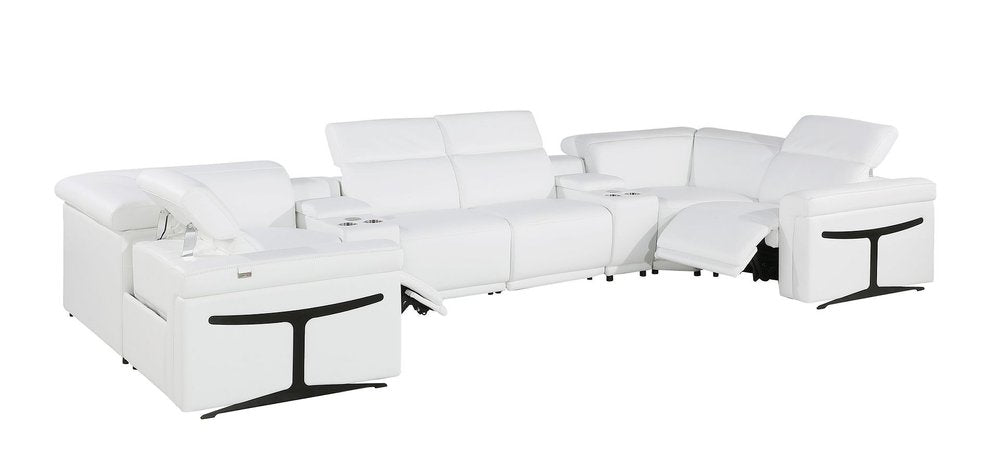 White Italian Leather Power Reclining U Shaped Eight Piece Corner Sectional with Console