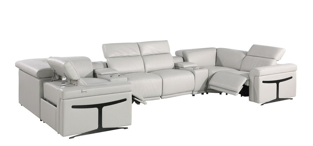 Light Gray Italian Leather Power Reclining U Shaped Eight Piece Corner Sectional with Console