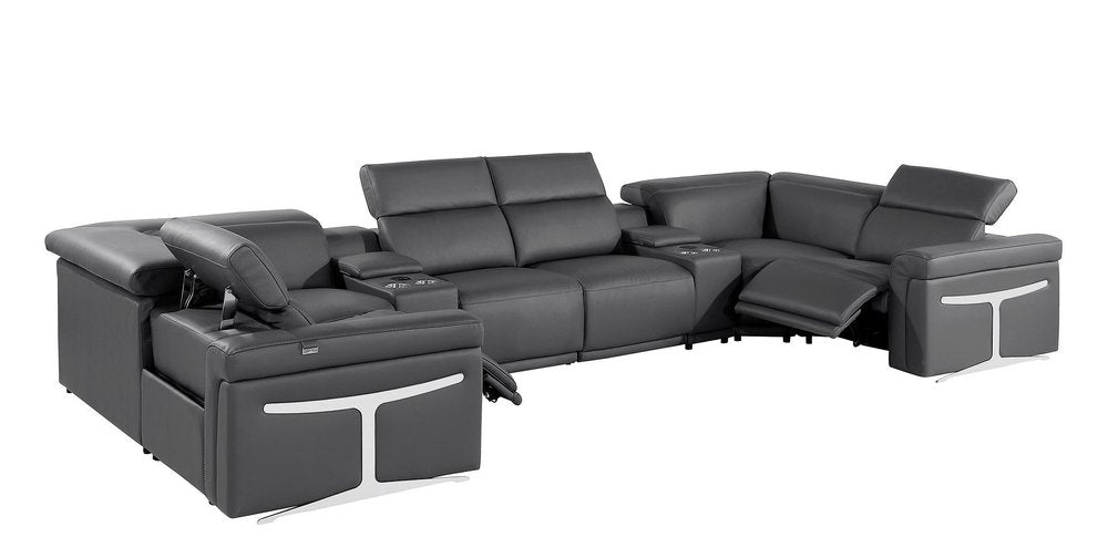 Dark Gray Italian Leather Power Reclining U Shaped Eight Piece Corner Sectional with Console