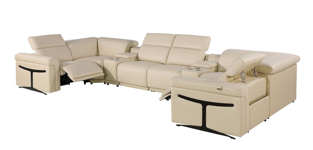 Beige Italian Leather Power Reclining U Shaped Eight Piece Corner Sectional with Console