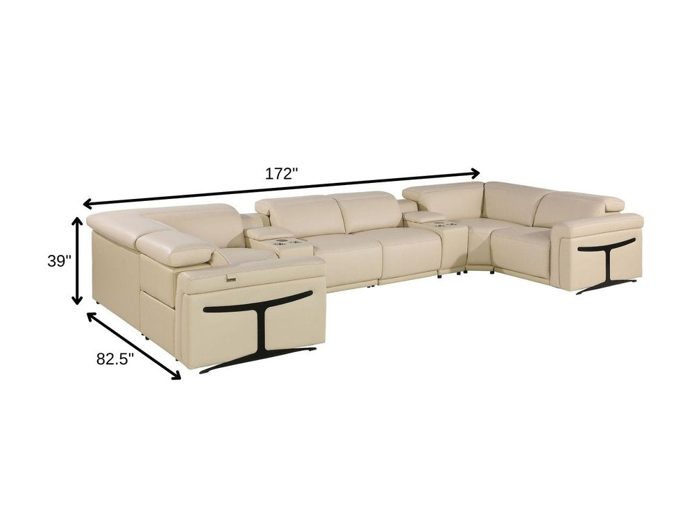 Beige Italian Leather Power Reclining U Shaped Eight Piece Corner Sectional with Console