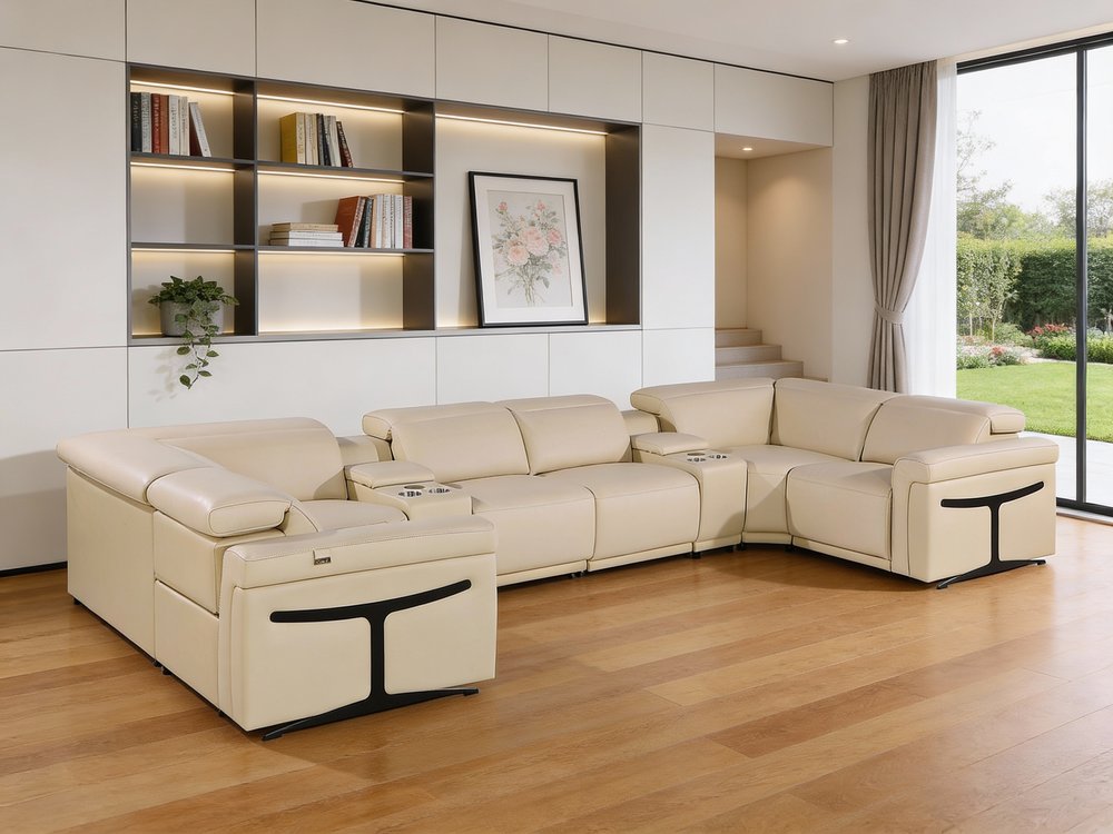 Beige Italian Leather Power Reclining U Shaped Eight Piece Corner Sectional with Console