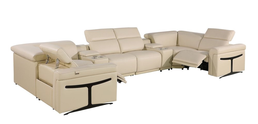 Beige Italian Leather Power Reclining U Shaped Eight Piece Corner Sectional with Console