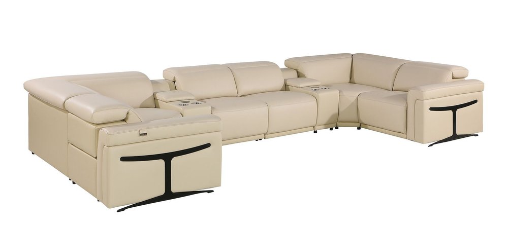 Beige Italian Leather Power Reclining U Shaped Eight Piece Corner Sectional with Console