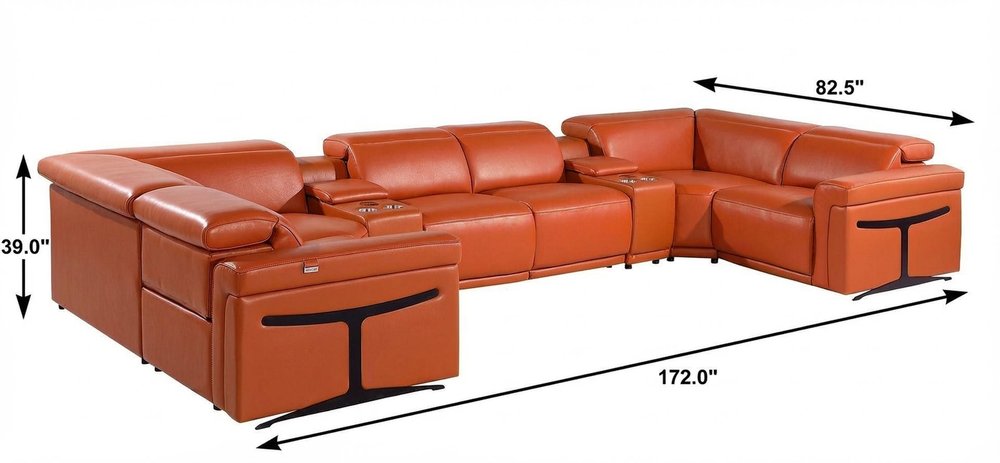 Camel Italian Leather Power Reclining U Shaped Eight Piece Corner Sectional with Console