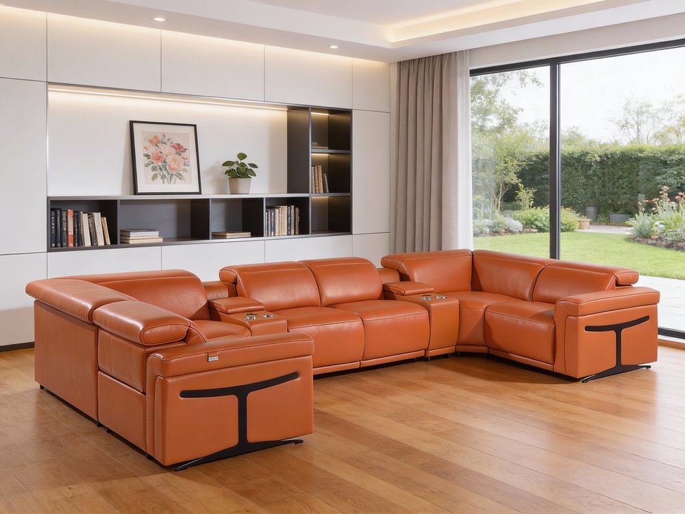 Camel Italian Leather Power Reclining U Shaped Eight Piece Corner Sectional with Console