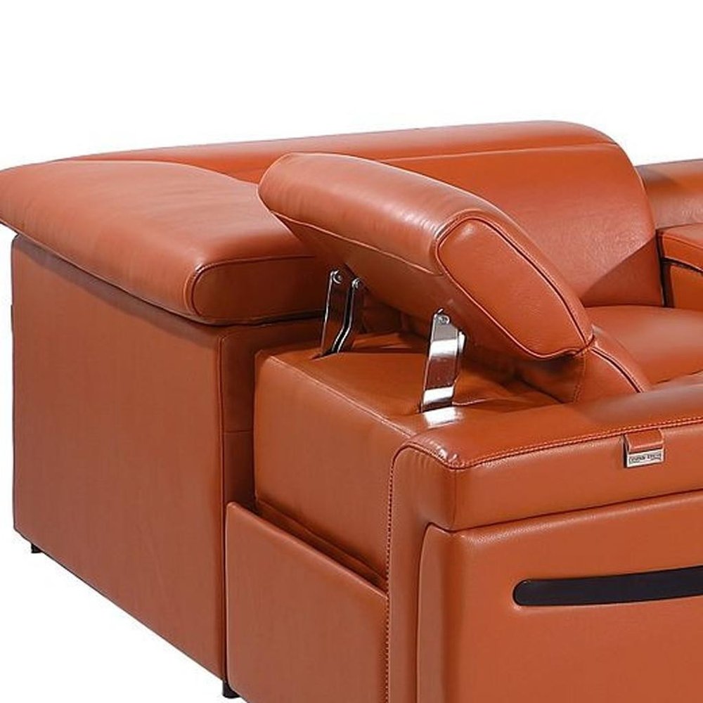 Camel Italian Leather Power Reclining U Shaped Eight Piece Corner Sectional with Console
