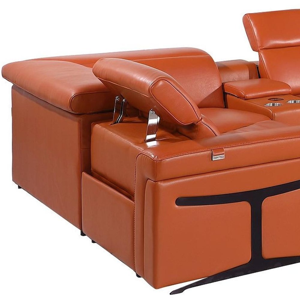 Camel Italian Leather Power Reclining U Shaped Eight Piece Corner Sectional with Console