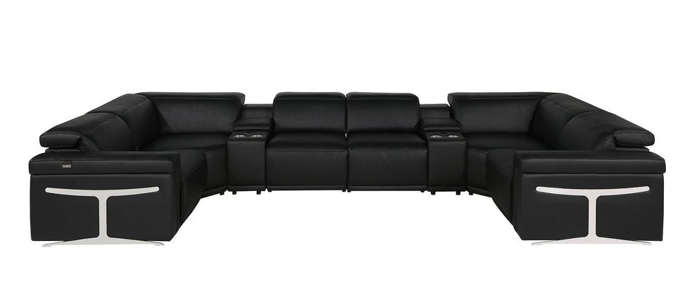 Black Italian Leather Power Reclining U Shaped Eight Piece Corner Sectional with Console
