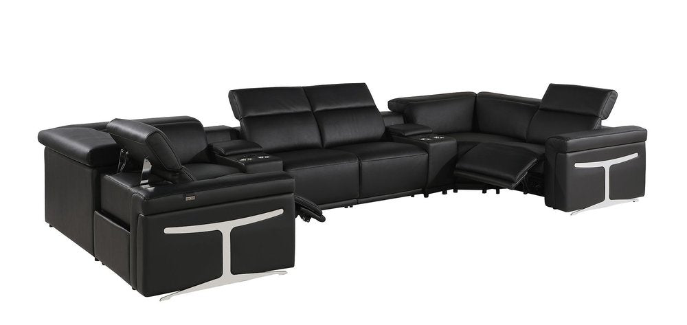 Black Italian Leather Power Reclining U Shaped Eight Piece Corner Sectional with Console