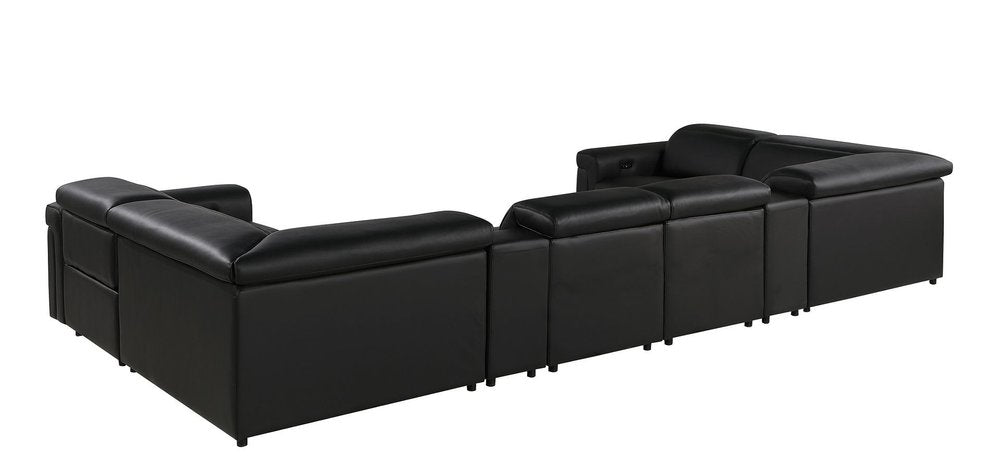 Black Italian Leather Power Reclining U Shaped Eight Piece Corner Sectional with Console