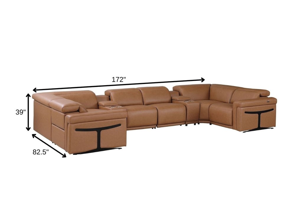 Chestnut Italian Leather Power Reclining U Shaped Eight Piece Corner Sectional with Console