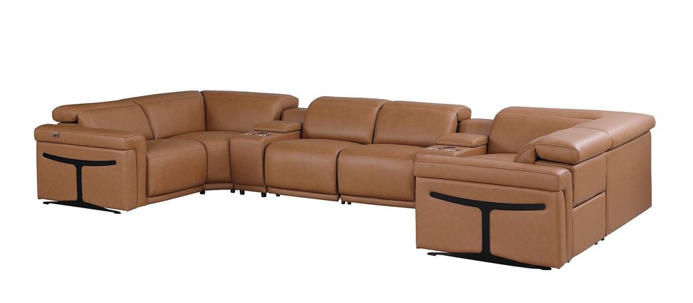 Chestnut Italian Leather Power Reclining U Shaped Eight Piece Corner Sectional with Console