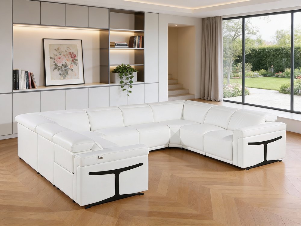 White Italian Leather Power Reclining U Shaped Eight Piece Corner Sectional with Console