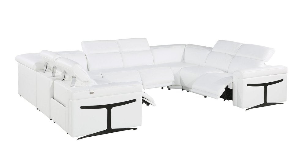 White Italian Leather Power Reclining U Shaped Eight Piece Corner Sectional with Console