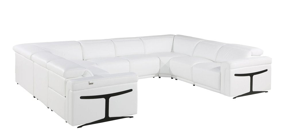White Italian Leather Power Reclining U Shaped Eight Piece Corner Sectional with Console