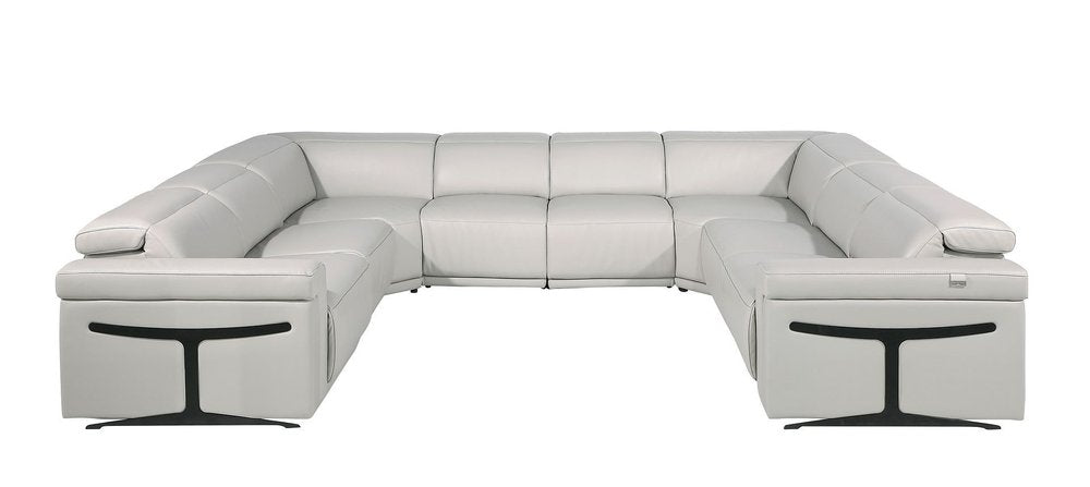 Light Gray Italian Leather Power Reclining U Shaped Eight Piece Corner Sectional with Console