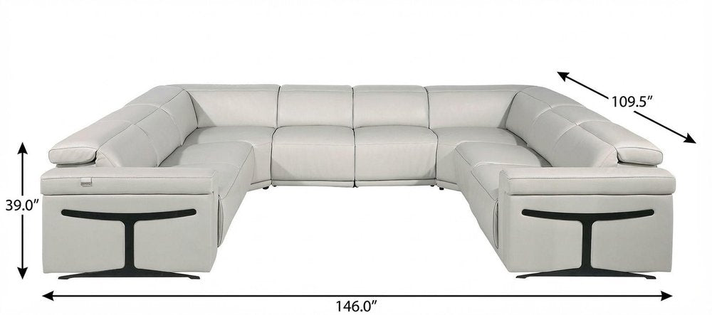 Light Gray Italian Leather Power Reclining U Shaped Eight Piece Corner Sectional with Console