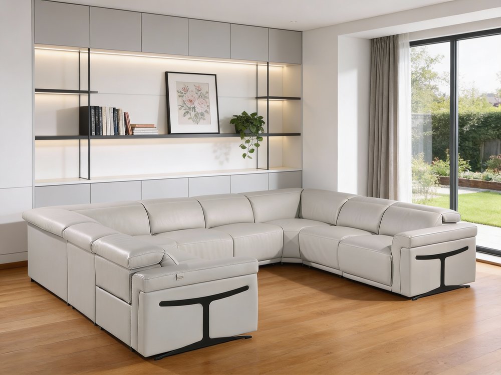 Light Gray Italian Leather Power Reclining U Shaped Eight Piece Corner Sectional with Console