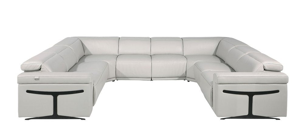 Light Gray Italian Leather Power Reclining U Shaped Eight Piece Corner Sectional with Console