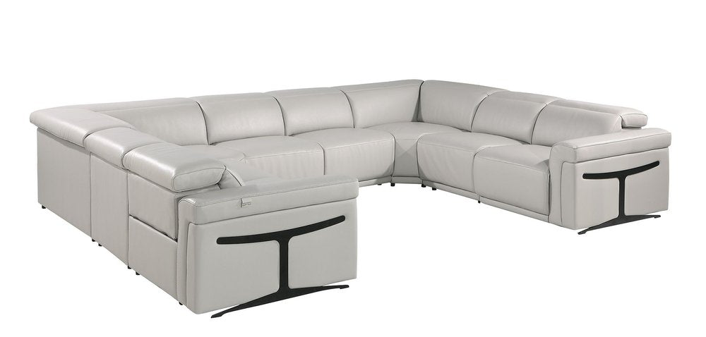Light Gray Italian Leather Power Reclining U Shaped Eight Piece Corner Sectional with Console