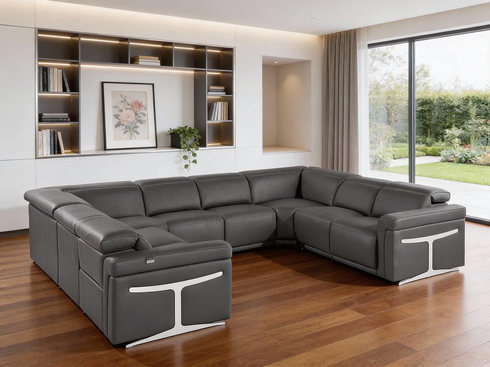 Dark Gray Italian Leather Power Reclining U Shaped Eight Piece Corner Sectional with Console
