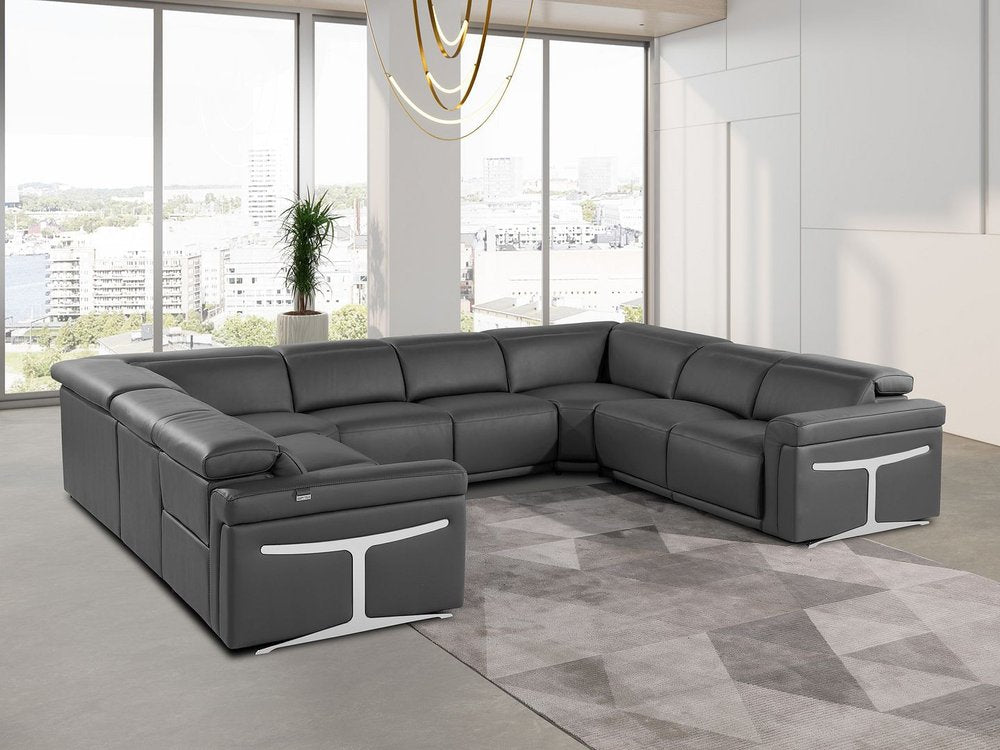 Dark Gray Italian Leather Power Reclining U Shaped Eight Piece Corner Sectional with Console