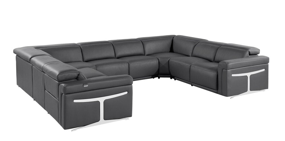 Dark Gray Italian Leather Power Reclining U Shaped Eight Piece Corner Sectional with Console