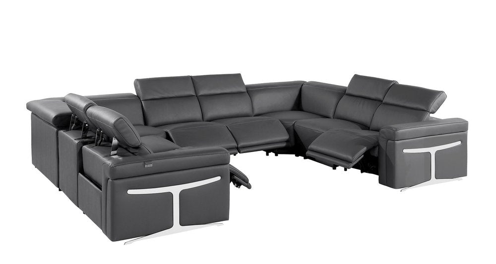 Dark Gray Italian Leather Power Reclining U Shaped Eight Piece Corner Sectional with Console